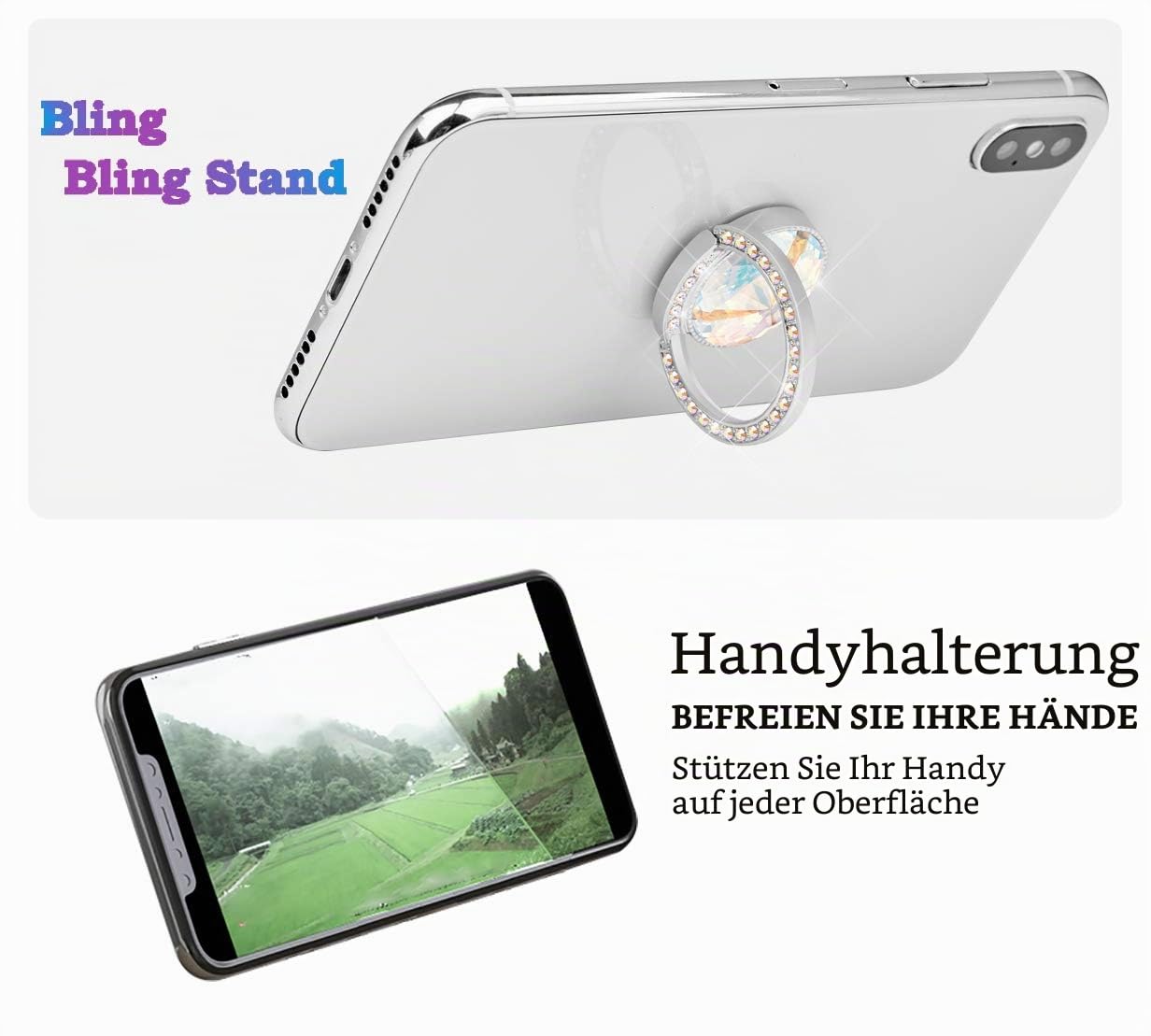 Glitzer Bling Bling Handy Ring Fingerhalterung, Funkeln Handyringhalterung Finger Künstlicher Diamantständer, Strasszellen Handyring für Telefone, Pad (Silber)