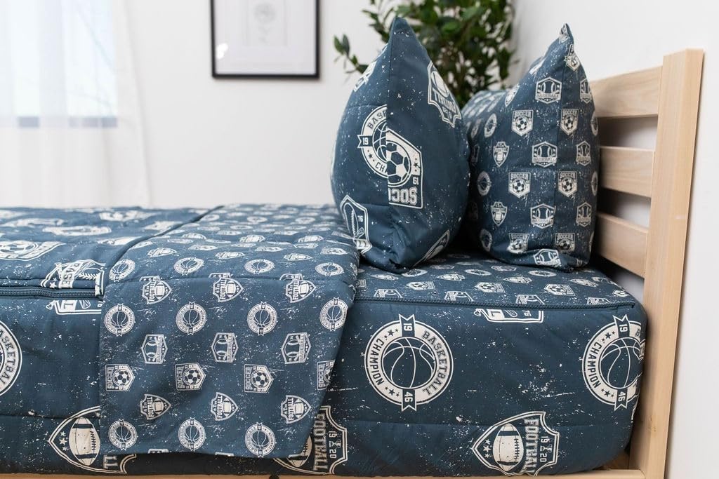 Beddy's Sports Theme Boys Durable Zipper Bedding, Bed in a Bag, Blue Sheets with Baseball, Football, Basketball, Soccer Comforter, Pillowcase & Pillow Sham, Easy to Make & Wash, Kid Zip Bedding