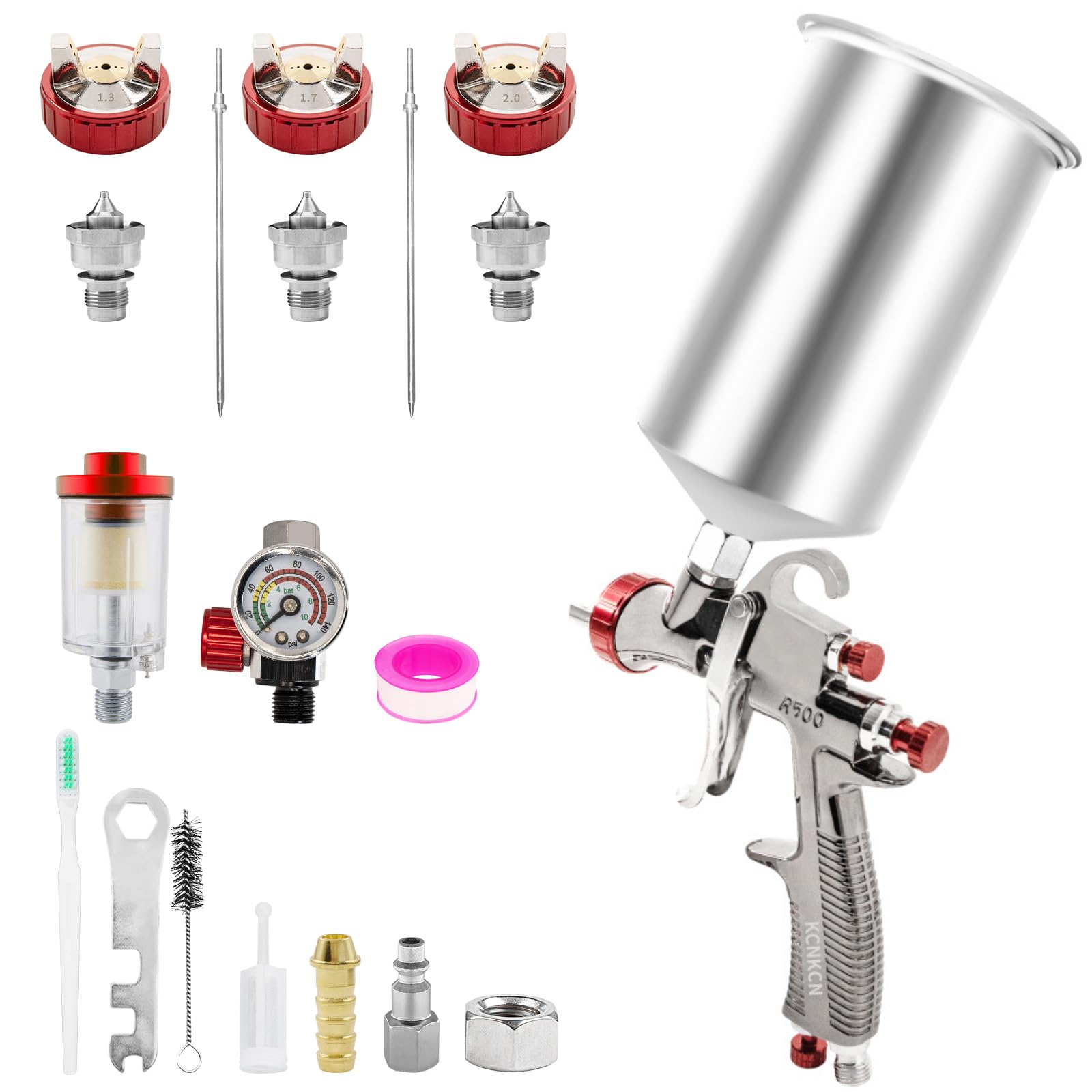 R500 LVLP Luftspritzpistole, Premium-Set mit 1000 cc Aluminiumbecher, einfach zu bedienen, Lackierpistole für Autos und Haus, DIY-Lackierung, 1,3/1,7/2,0 mm Düsen, mit Farbsprühzubehör