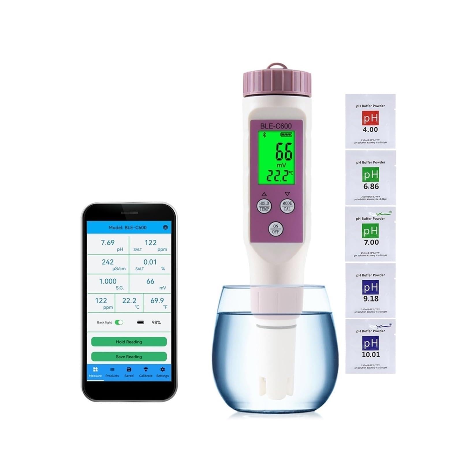 Testeur de Sol, Testeur de pH Bluetooth 7 en 1/5 1, Intelligent, EC, TDS, ORP, sel, SG, température, qualité l'eau, Aquariums, hydroponie, salinité(7 in 1 PH Meter)