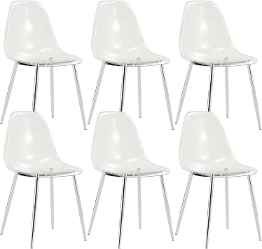 Baysitone Clear Dining Chairs Set of 6, Modern Kitchen Chairs with Transparent Seat, Acrylic Accent Side Chairs with Silver Metal Legs for Dining Room, Kitchen, Living Room