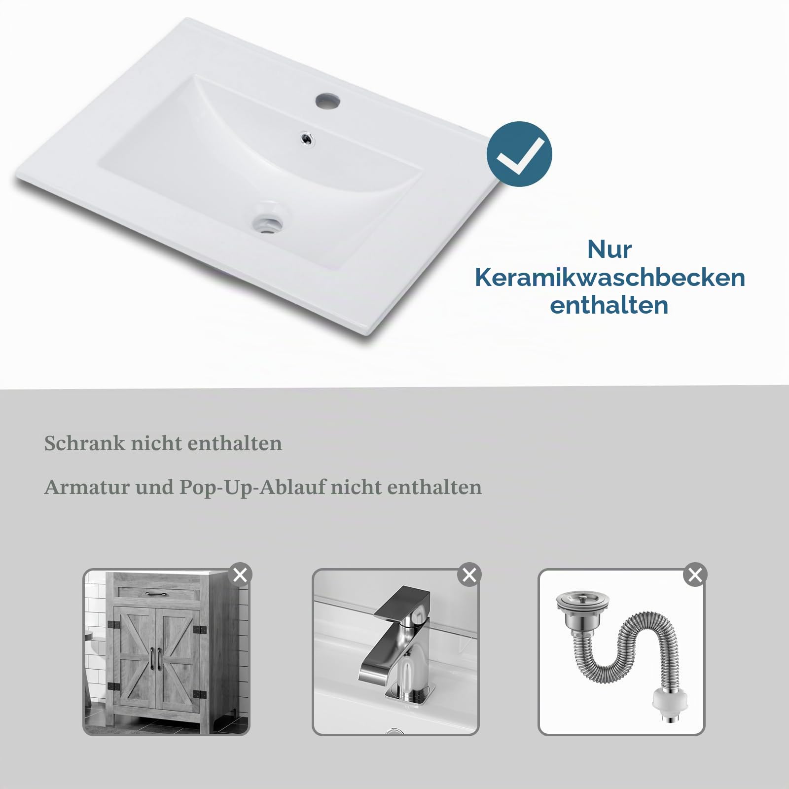 LEADZM Einbauwaschbecken für Badezimmer, Aufsatzwaschbecken Keramik Weiß | Waschbecken Einsatz für Waschtisch, Handwaschbecken für Gäste WC, ohne Wasserhahn, 61 x 46 cm (Waschtisch)