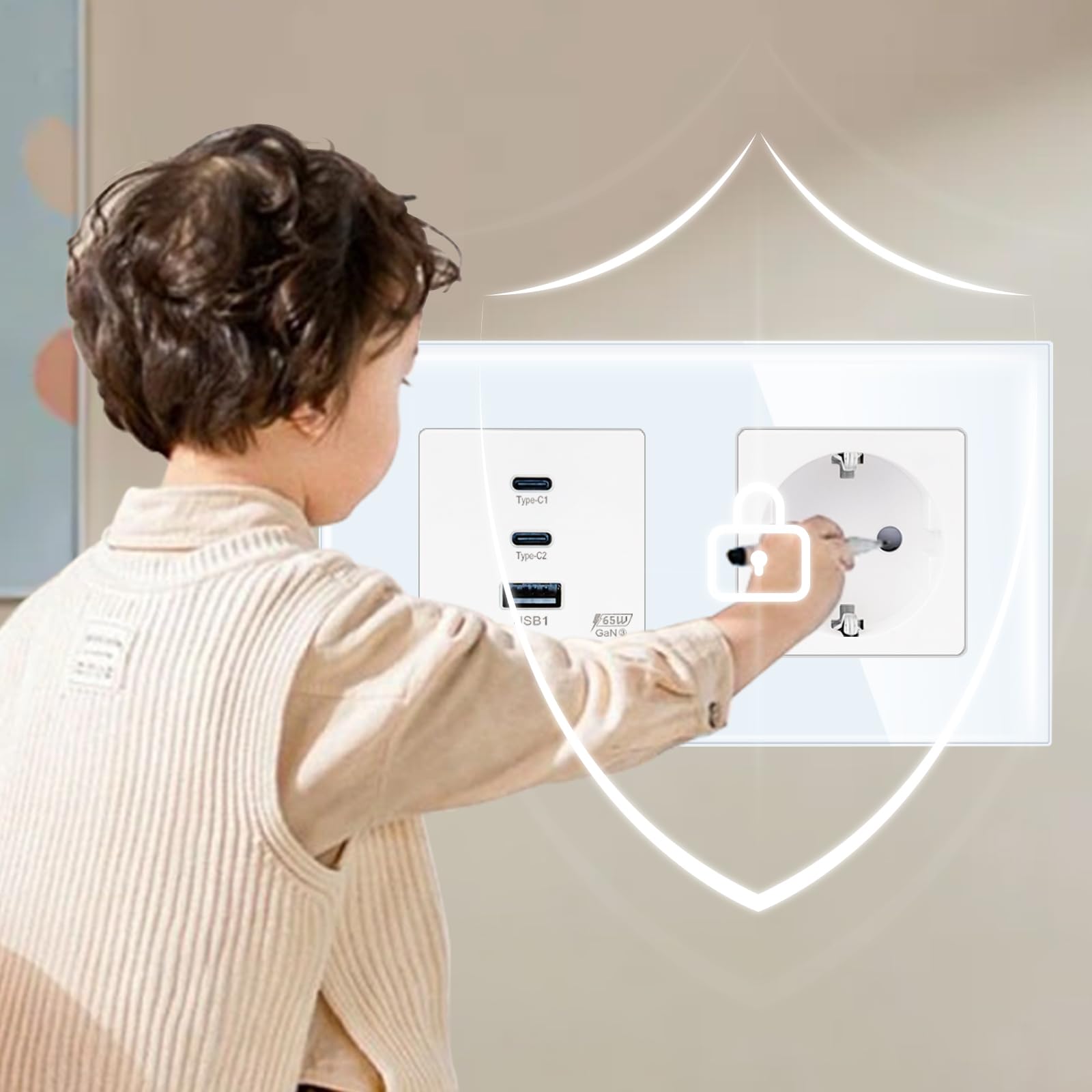 LIAONFOY 65 W Super Charge avec prise Super Fast Charging Trois ports USB C Combinaison 2 prises Prise murale Cadre en verre Double Blanc 157 mm 100-240 V (ligne neutre nécessaire)