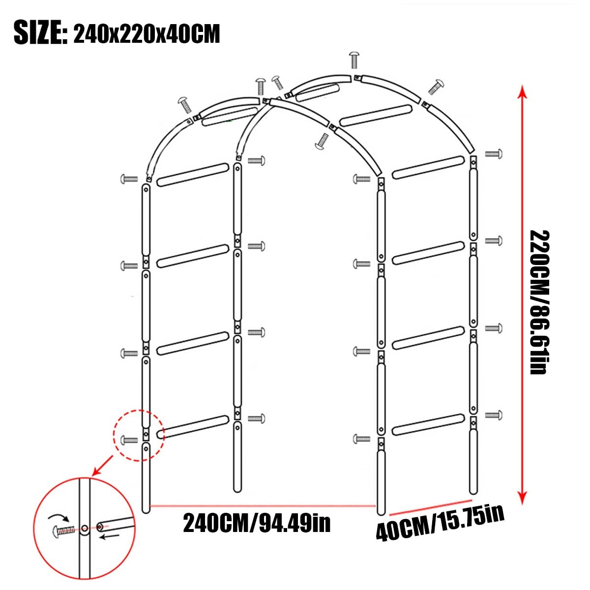 Metalowy stojak na łuk weselny, dekoracyjna pergola ogrodowa z łukiem, do pnączy i roślin, dekoracja na wesele, trawnik, patio, przyjęcie, łatwy montaż (biały łuk, 240 x 220 x 40 cm)