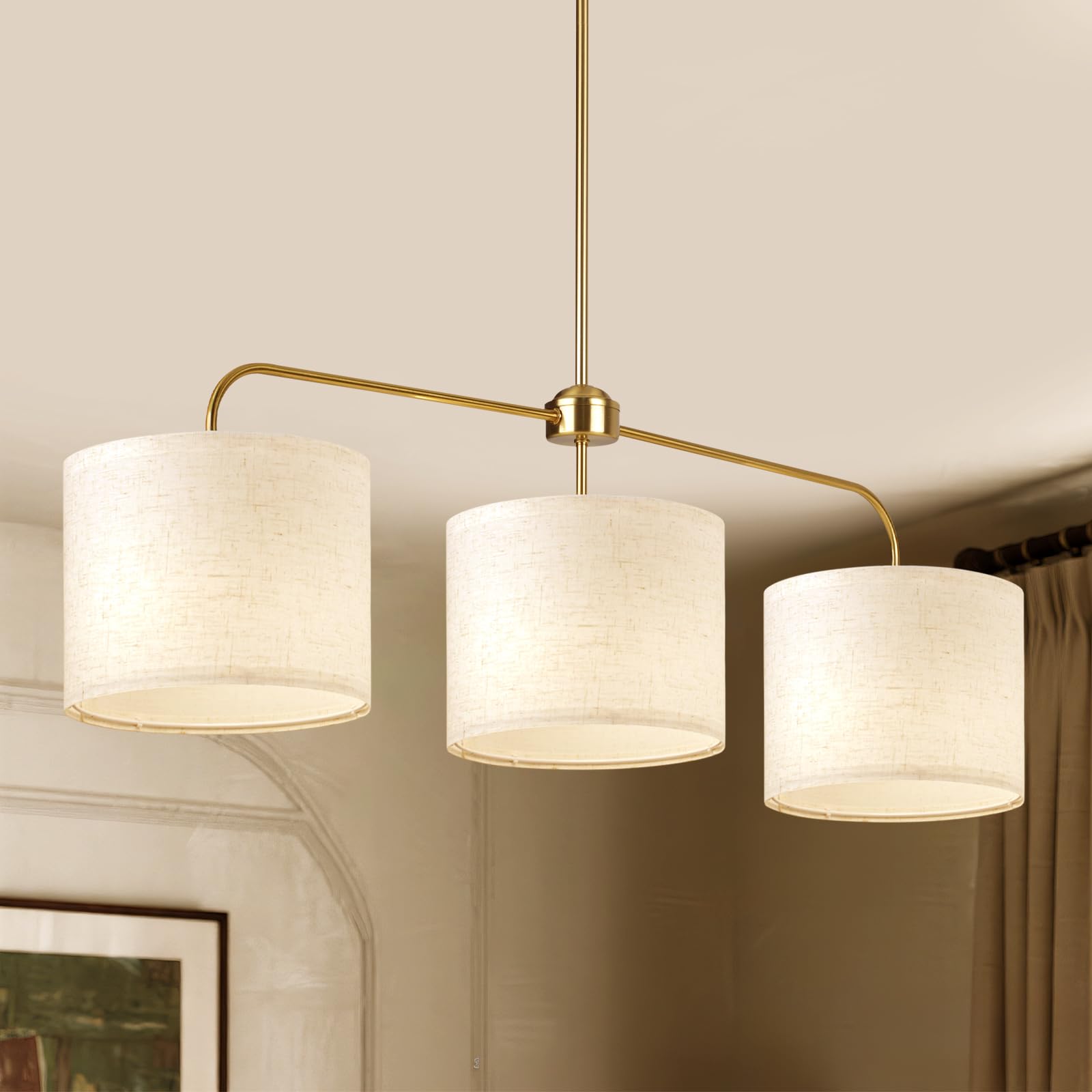 Photo 1 of 3 Light Gold Linear Chandelier with Linen Beige Drum Shades,Modern Pendant Light Fixture for Kitchen Island,Dining Room,Living Room,Mid-Century Ceiling Light Fixture,Adjustable Height Island Light