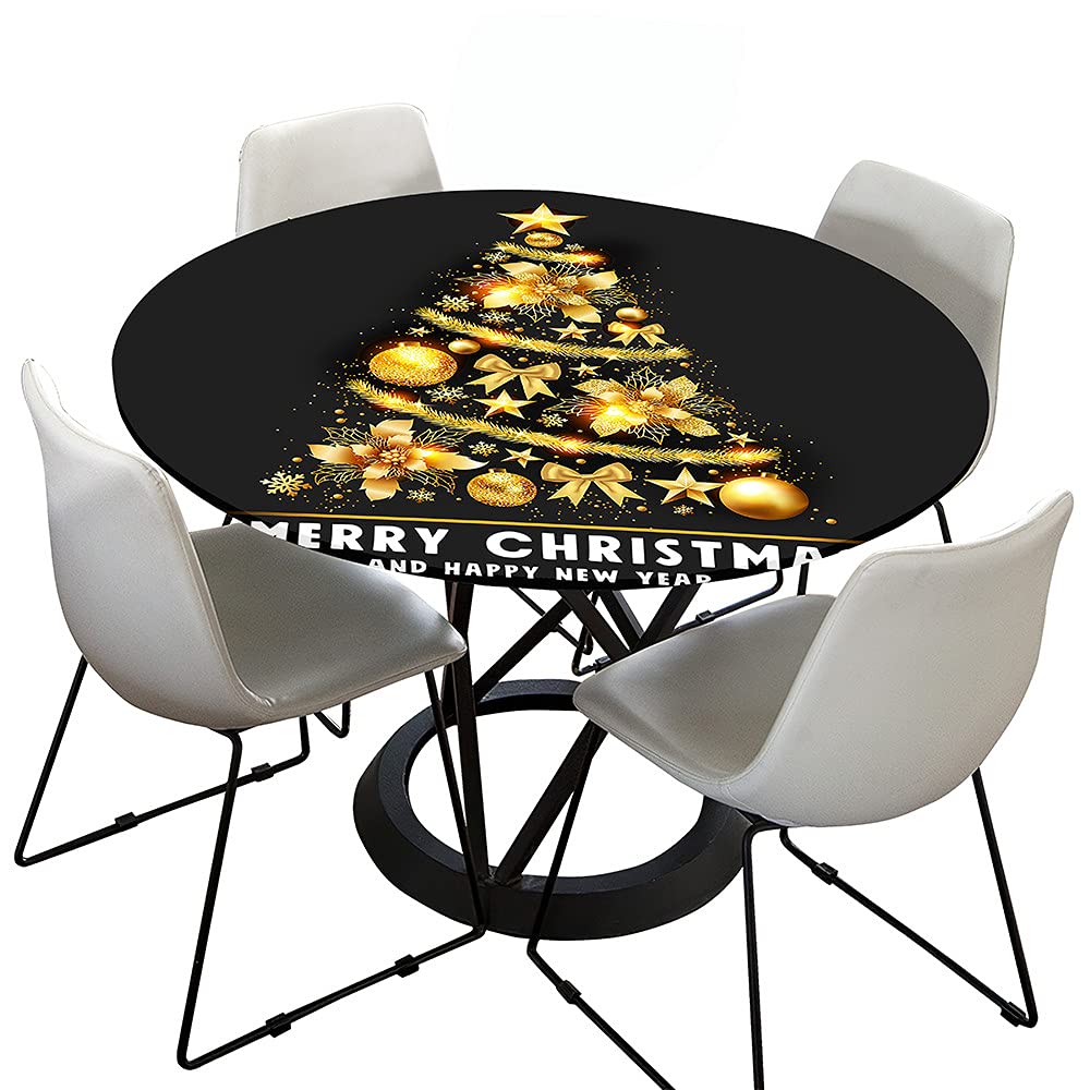 Morbuy Nappe Noël Ronde, Happy New Year Modèle Nappes Élastique Ajustable Bord Imperméable Anti Taches Couverture De Table Pour Salle à Manger Jardin Fête (Flocon De Neige,Diamètre 150cm