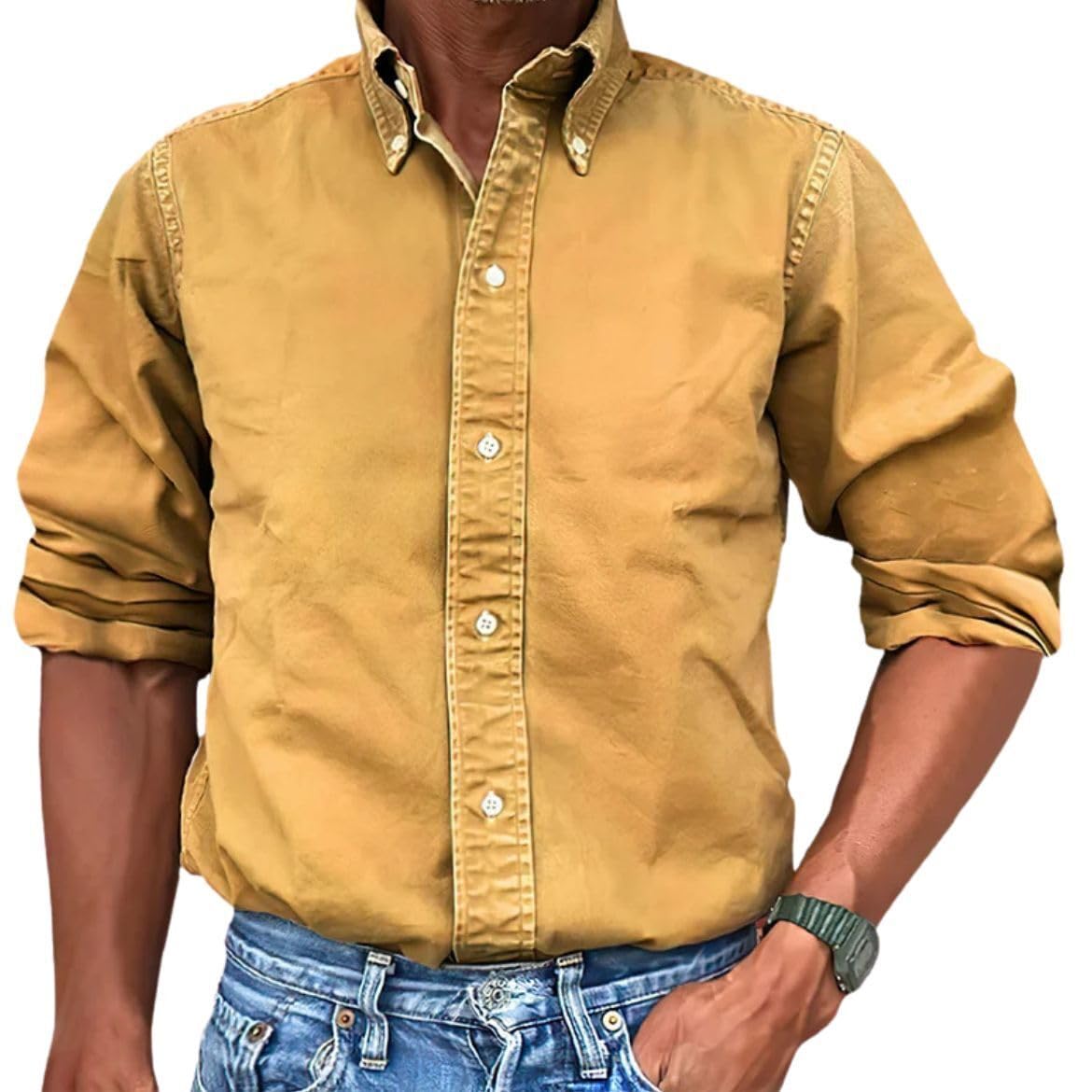 Long Sleeve Lapel Button Down Shirts for Men Solid Color Vintage Washed Collared Button Up Shirt Men Business Casual Shirts Men's Fashion Loose Fit Fall Work Dress Shirts Orange M