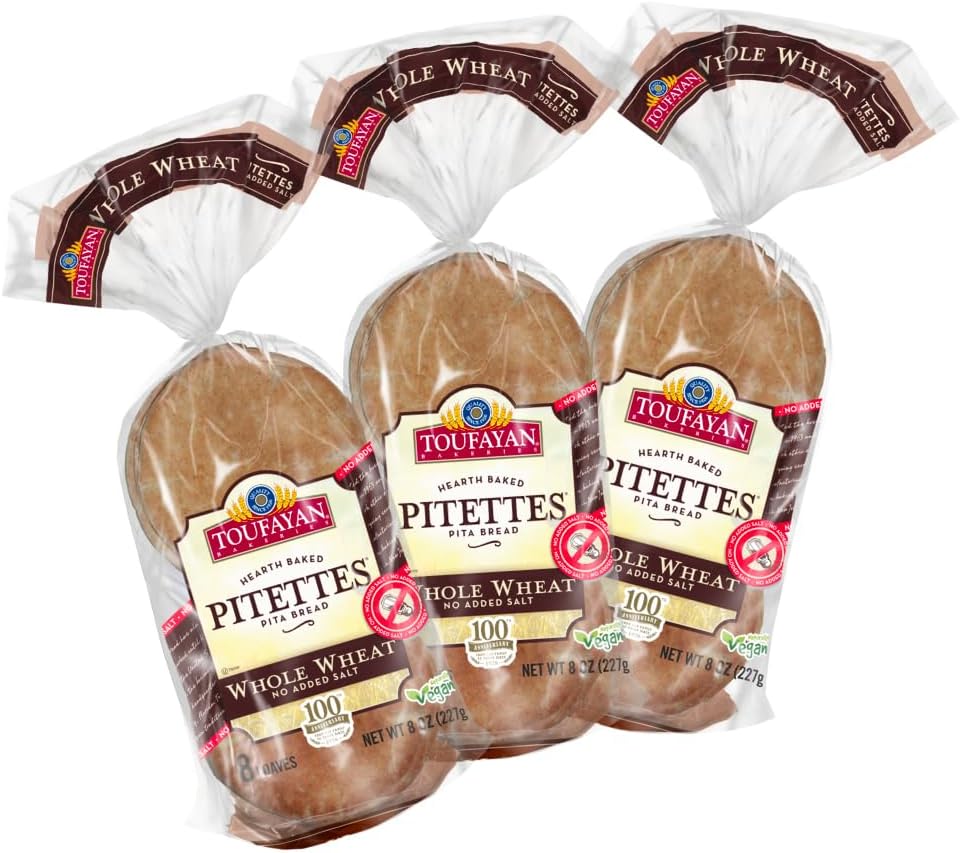 Toufayan No Added Salt Whole Wheat Pitettes Pita Bread - Lower Sodium, Vegan (3 Pack, 24 Pitas Total)
