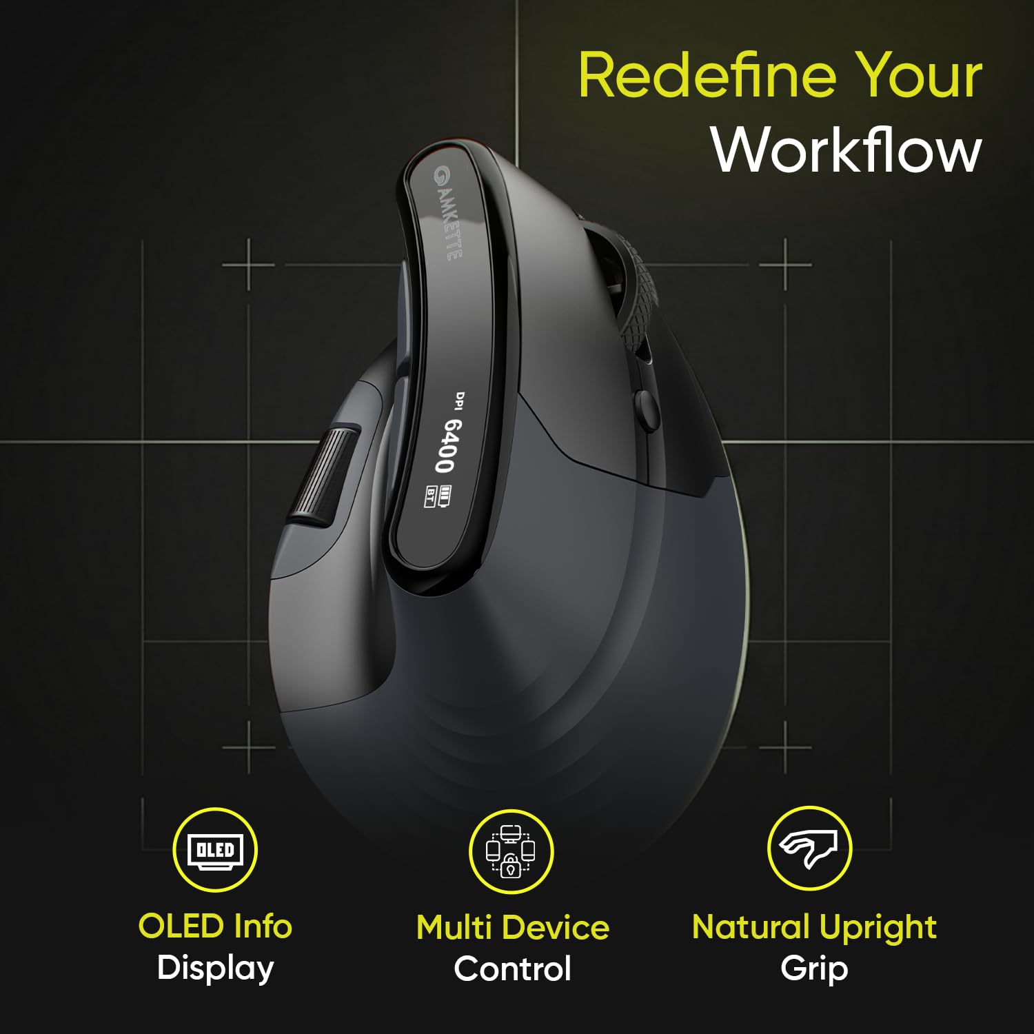 Amkette XS Natural Plus Programmable Vertical Wireless Mouse/Bluetooth Mouse, OLED Display Side Scroll, 6400DPI, 2.4G+3×BT+Wired, 7 Button, Rechargeable, Supports Web Software, 1000Hz, Black — Amazon image 2