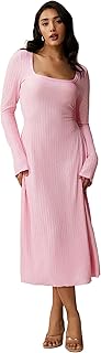 Shasmi Women’s Square Neck A-Line Dress – Long Sleeve, Tie Waist, Knitted Stretchable, Casual & Office Outfit, Solid Winte... Price In India