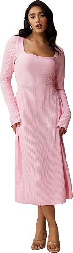 Shasmi Women’s Square Neck A-Line Dress – Long Sleeve, Tie Waist, Knitted Stretchable, Casual &amp; Office Outfit, Solid Winte...