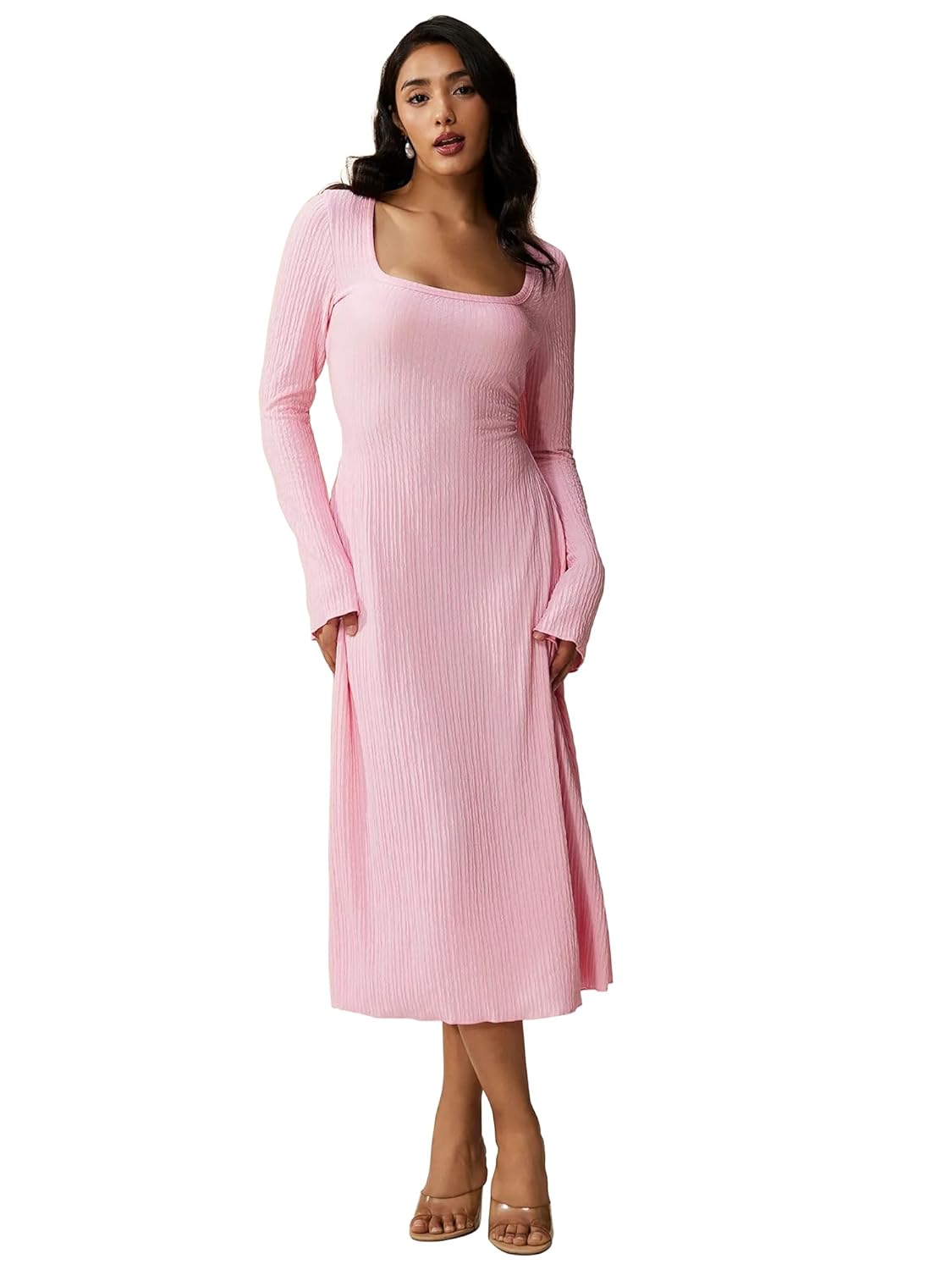 Shasmi Women’s Square Neck A-Line Dress – Long Sleeve, Tie Waist, Knitted Stretchable, Casual & Office Outfit, Solid Winter Midi Dress for Women (Dress 221)