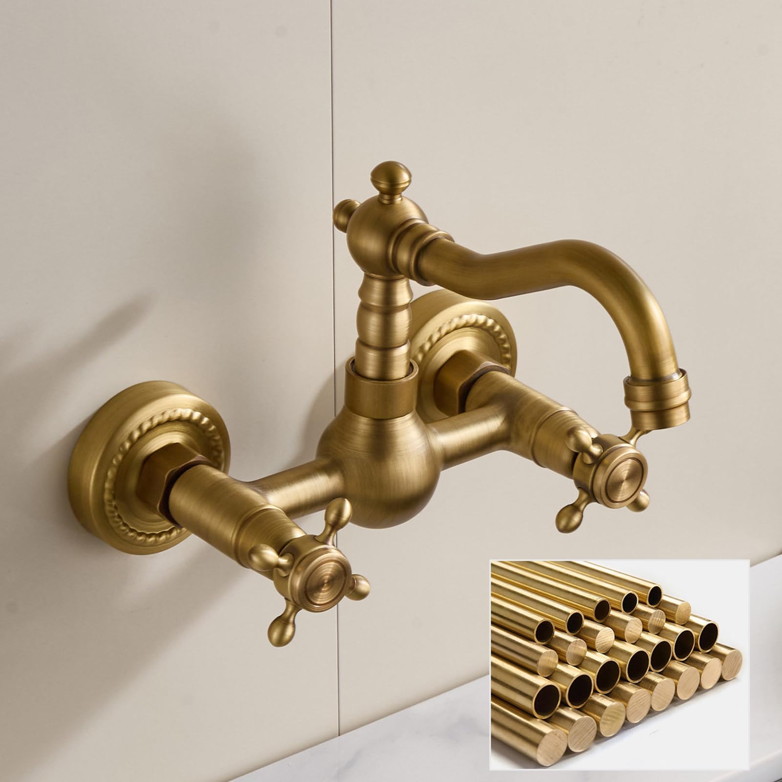 BiaoTeng Grifo Pared Lavabo Vintage con Dos Mandos en Cruz Giratorio 360 agua Fría y Caliente Grifo Lavabo Antiguo Bronce Laton