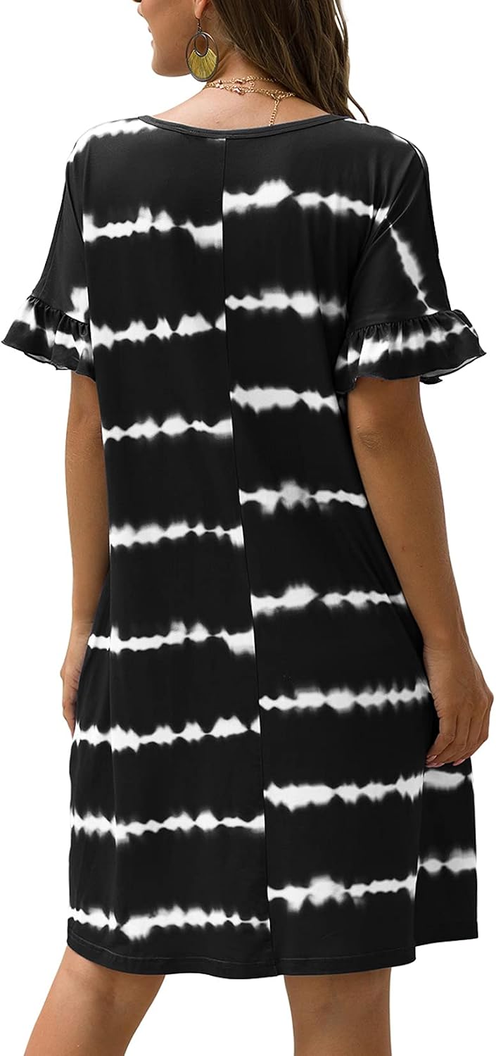 Lu's Chic Women's V Neck Dress Short Sleeve Sundress Beach Mini Casual Tie Dye Short Knee Length Summer Ruffle Falbala Fitted Striped with Pockets Black Large