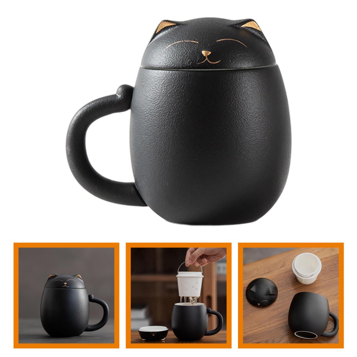 MAGICLULU Mug en Céramique 400ml avec Couvercle et Filtre, Tasse à Boire Noire Décor Chat, Maison ou Cafés