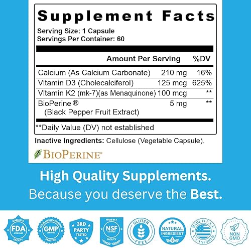 Miniatura 5 de Vitamina K2 D3 con calcio y bioperina, vitamina K2 (MK7) con suplemento D3 sin OMG, vitamina D3, vitamina K2 MK-7 fácil de tragar vitamina D y