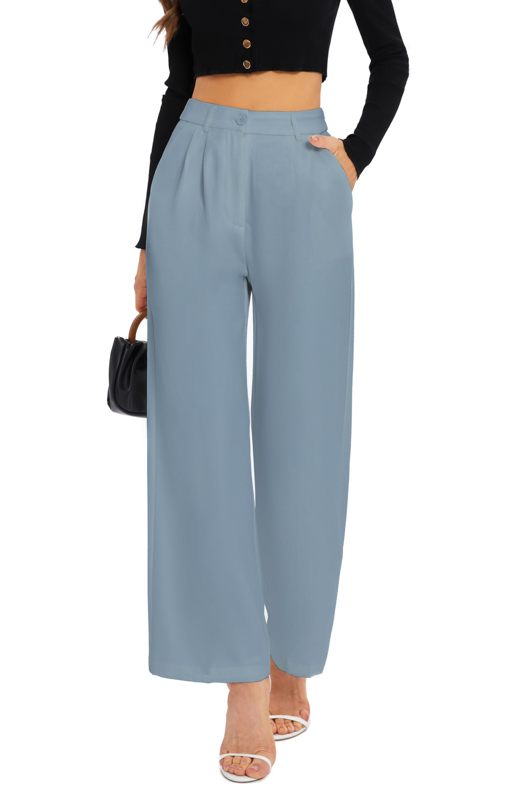 FUNYYZO Wide Leg Pants Women's High Elastic Waisted in The Back Business Work Trousers Long Straight Suit Pants — view 23