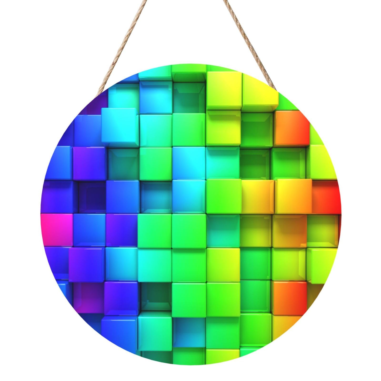 InOmak Rainbow Color Plaid, Round Wood Panel Painting 12 in, Wall Hanging Painting For Home