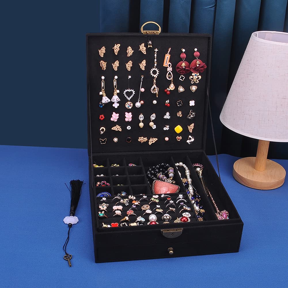 Schmuckkästen für Damen 3 Schichten großer Schmuck-Organizer Aufbewahrungsbox für Ohrringe Halsketten Ringe Armbänder Schmuckhalter abschließbar Schmuckkästchen (Schwarz)