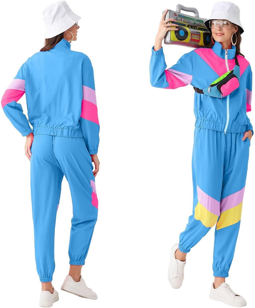 Women's 80s 90s Outfits Tracksuit Costume Accessories Set, Color Block Windbreaker Jacket Neon Fanny Pack - Image 7