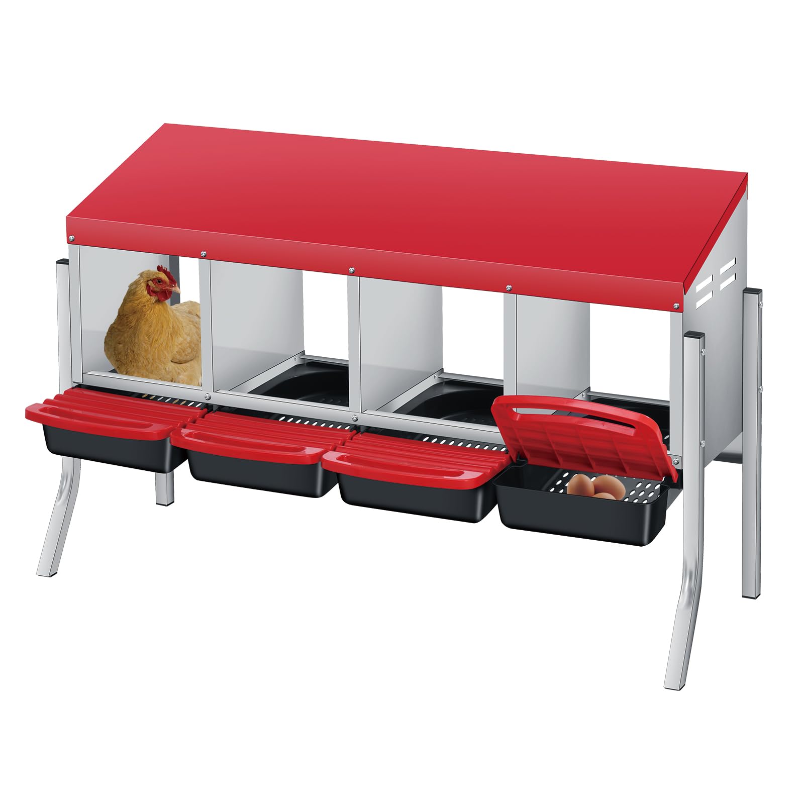 IDEALHOUSE Rollaway - Nido per polli in acciaio zincato, scarico automatico delle uova, cassetto e ventilazione, montaggio a parete, 4 scomparti + supporto, rosso