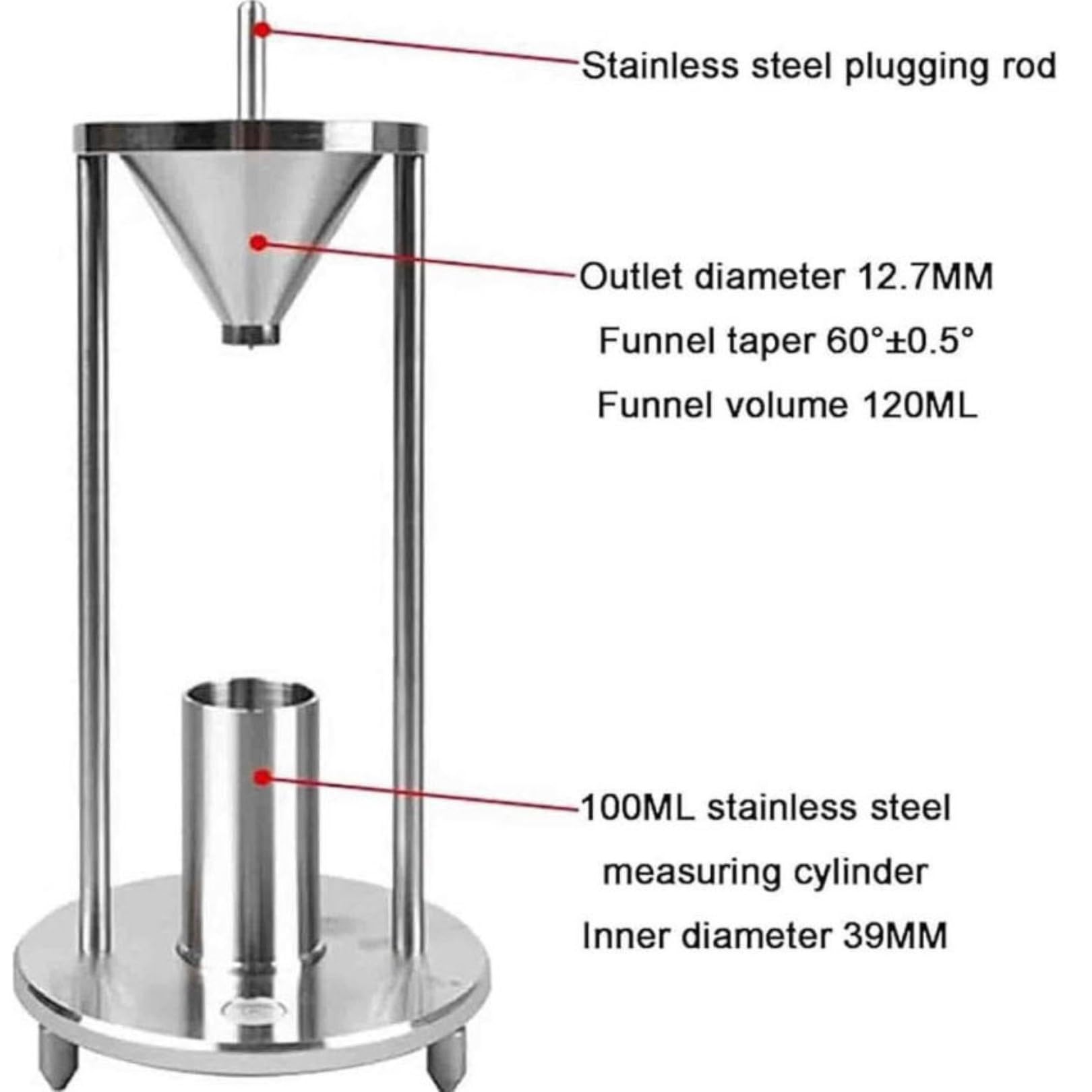 Este densímetro para Polvos, probador de Densidad aparente de Acero Inoxidable, Vaso de 100 ml, Salida de Embudo de 0,5" y conicidad de 60° para análisis de Polvos industriales