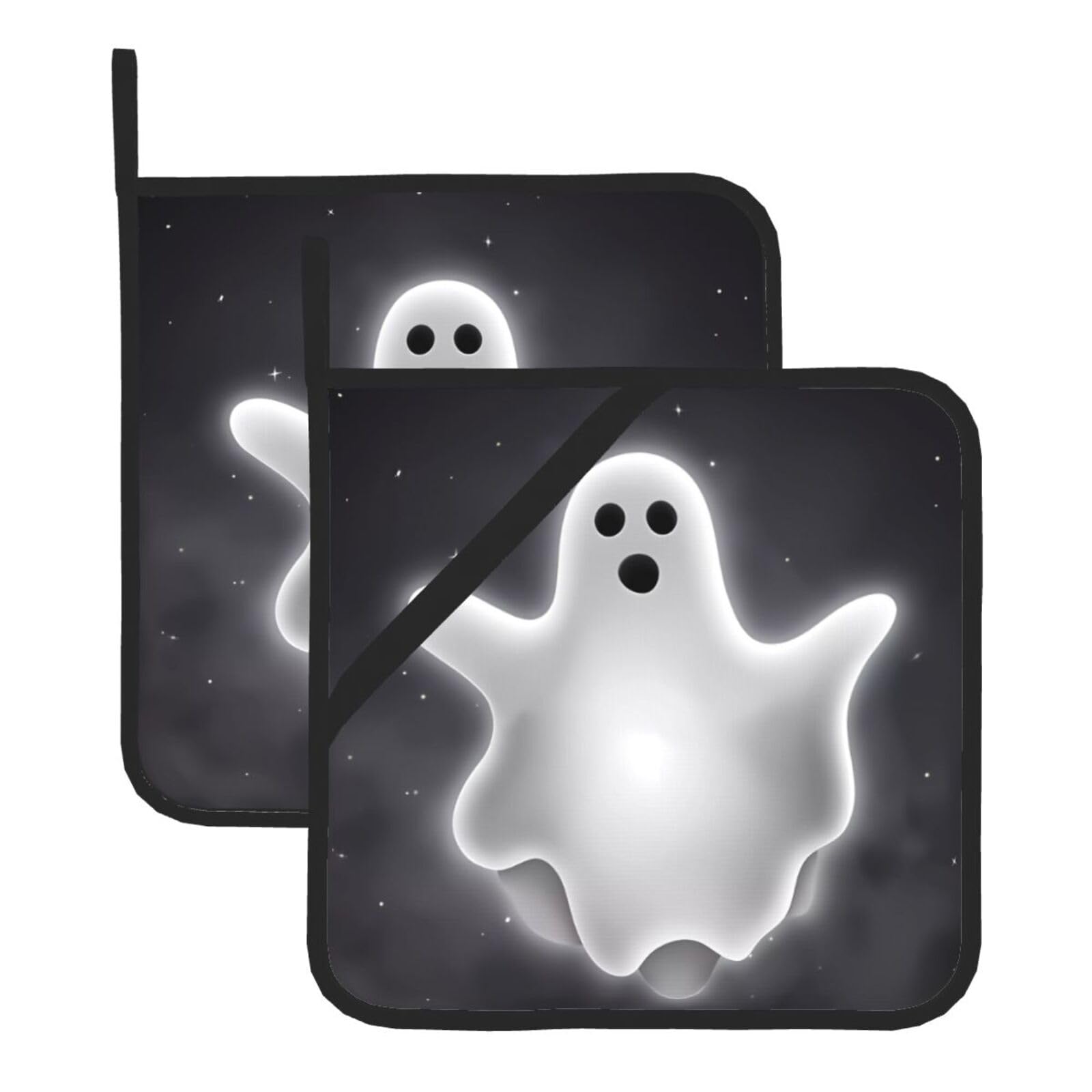 HJFCZH Black and Halloween Ghost Prints Square Hot Pads for Kitchen Counter - Waterproof Pot Holders, Durable Heat Resistant Throw Layers for Serving, Oven & BBQ - 2 Pack