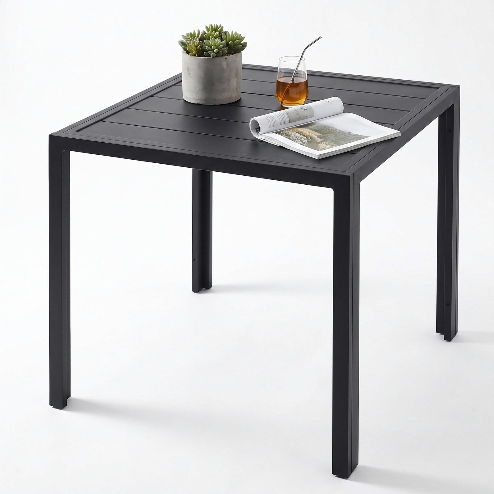 LIFERUN Gartentisch Wetterfest klein, 75x75 cm Aluminium Balkontisch | Outdoor Quadratisch Terrassentisch Vollmetalltisch für Garten, Terrasse und Balkon, Schwarz (11 cm schmales Brett)