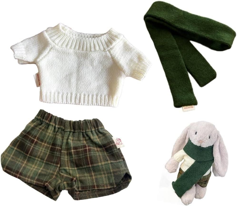 9-12"/30cm Festive Stuffed Animals Clothes Set: Cable Knit Sweater + Checkered Shorts+Scarf for 12" Bashful Bunny, 11" Bumblybear,Medium Fuddlewuddle Lion(NO Doll)