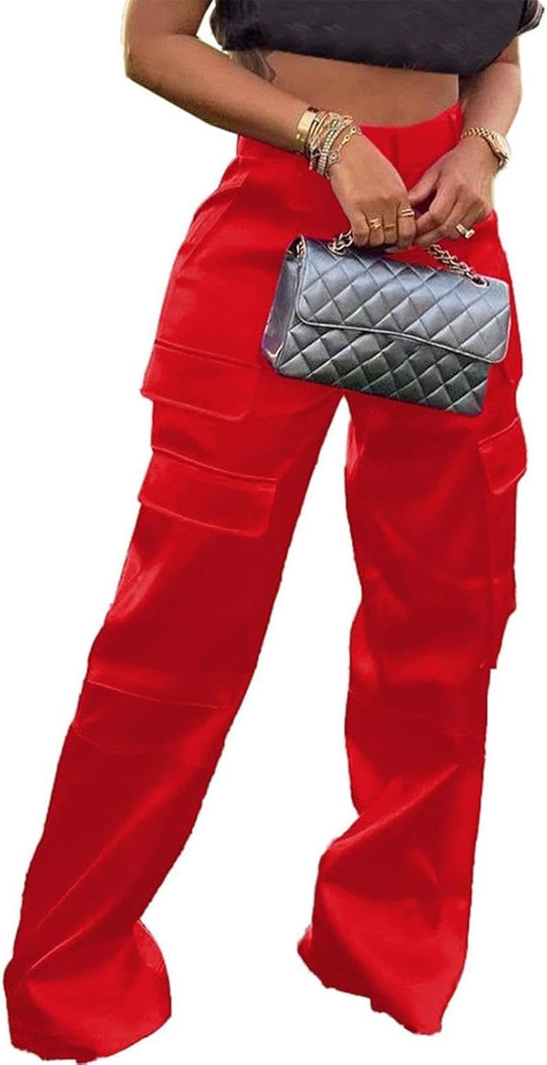 Satin Cargo Pants for Women High Waisted Wide Leg Silky Dressy Club Outfits with Pockets Casual Streetwear
