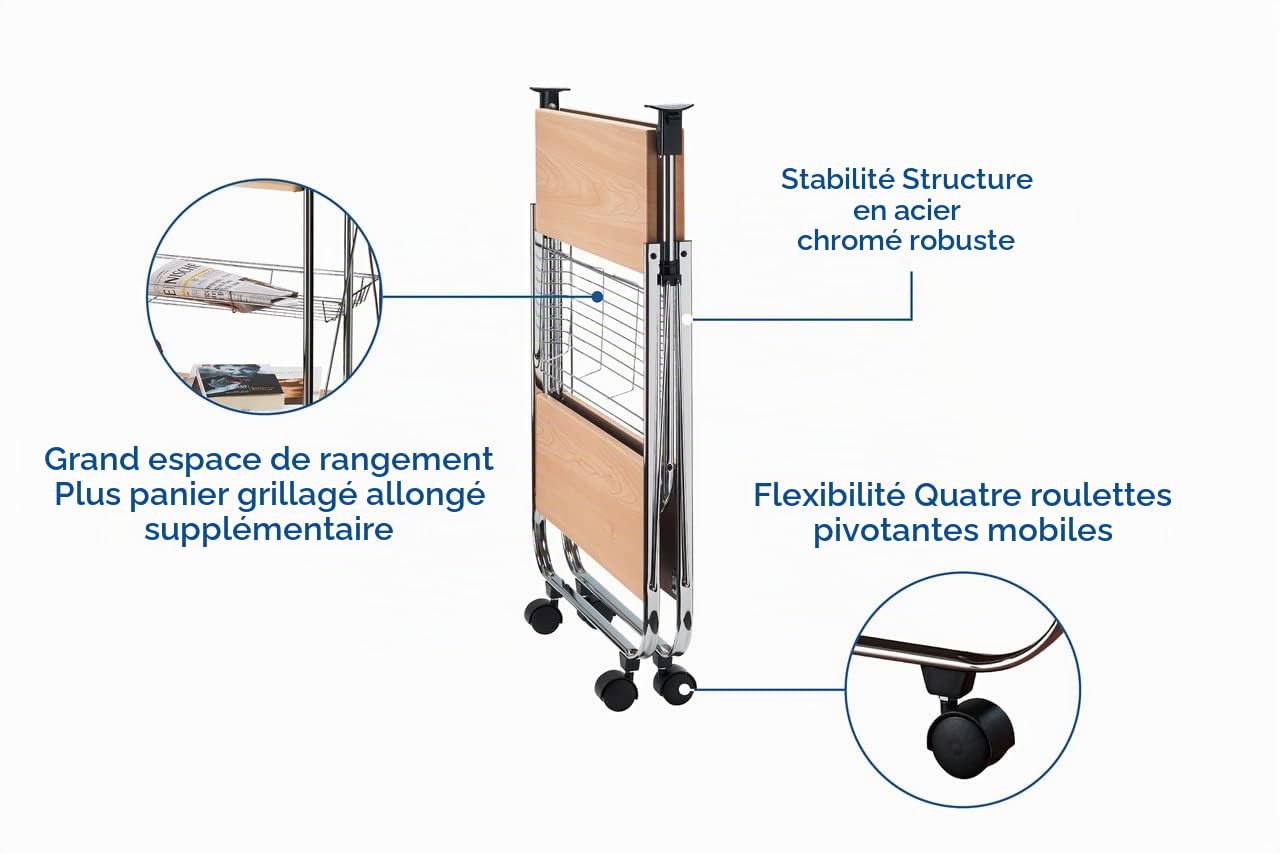 WENKO Chariot de Service Dinett Deluxe érable, 2 étagères & Panier grillagé allongé, avec 4 roulettes faciles à manier, Rabattable, en Acier chromé Robuste, Charge maximale 40 kg