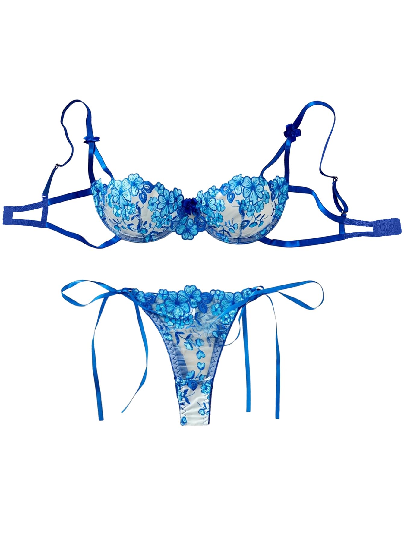 Lilosy Sexy Tie Side Cute Underwire Push Up Strappy Embroidered Mesh Sheer Lingerie Set: Bow Large Bow Floral Blue