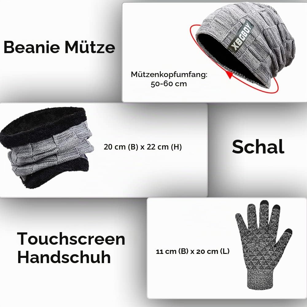 Winter Beanie Mütze Schal und Touchscreen Handschuhe Set, Strick-Thermo-Set mit Kuscheligem Fleece-Futter, Slouchy Beanie-Kappe, Nackenwärmer und Handschuhe für Damen und Herren
