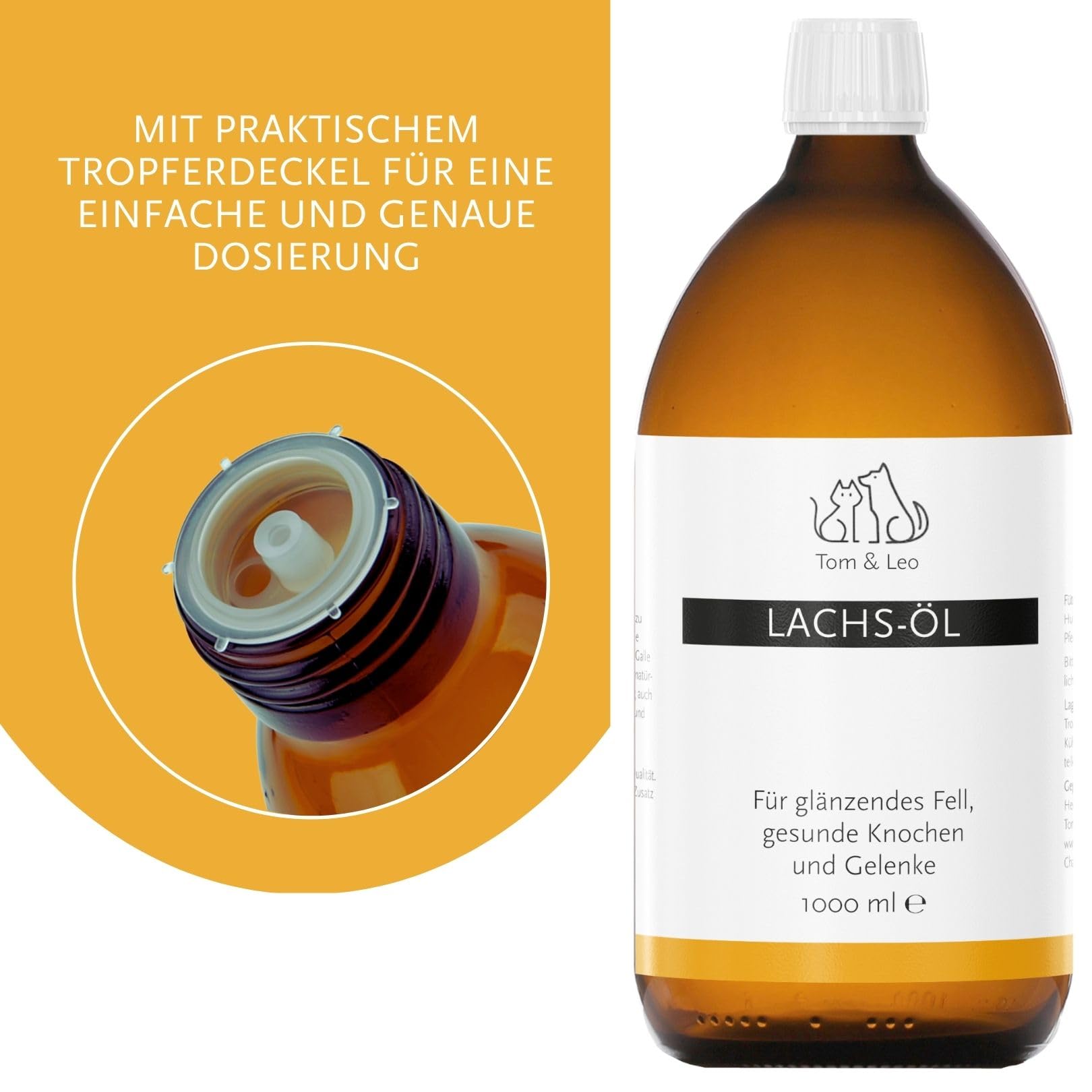 Aceite de salmón 1000 ml para perros y gatos – de Tom & Leo – Aceite de salmón salvaje con Omega 3-6-9, ideal para Barf, Piel y Pelaje, Aceite de pescado Premium para perros