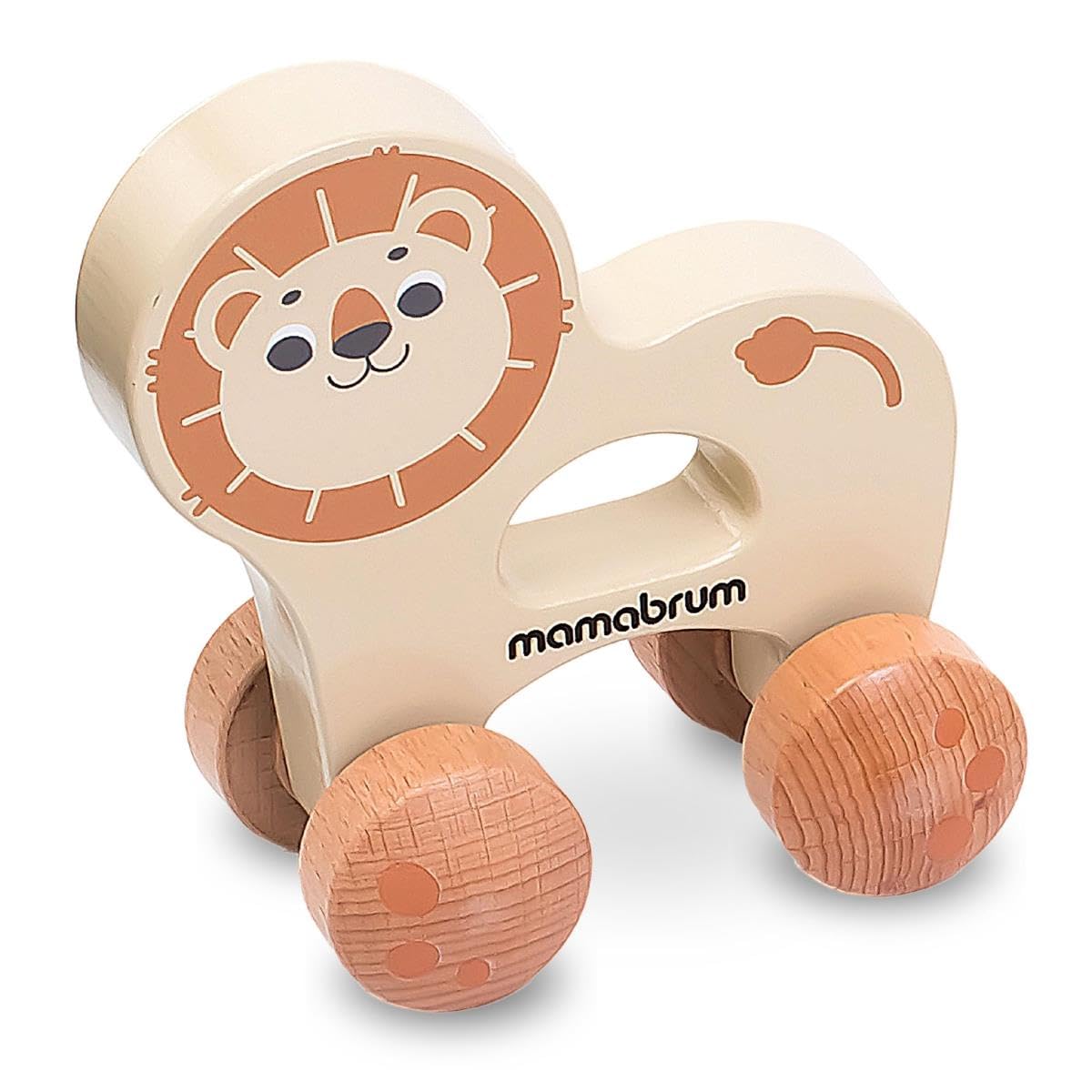mamabrum MAM183 EDU Baby Spielzeug Set, 6 Montessori Sensorik Spielzeug für 7-12 Monate - Holz Lernspielzeug, Motorik Würfel, Rollbarer Löwe - Entwicklungsfördernd
