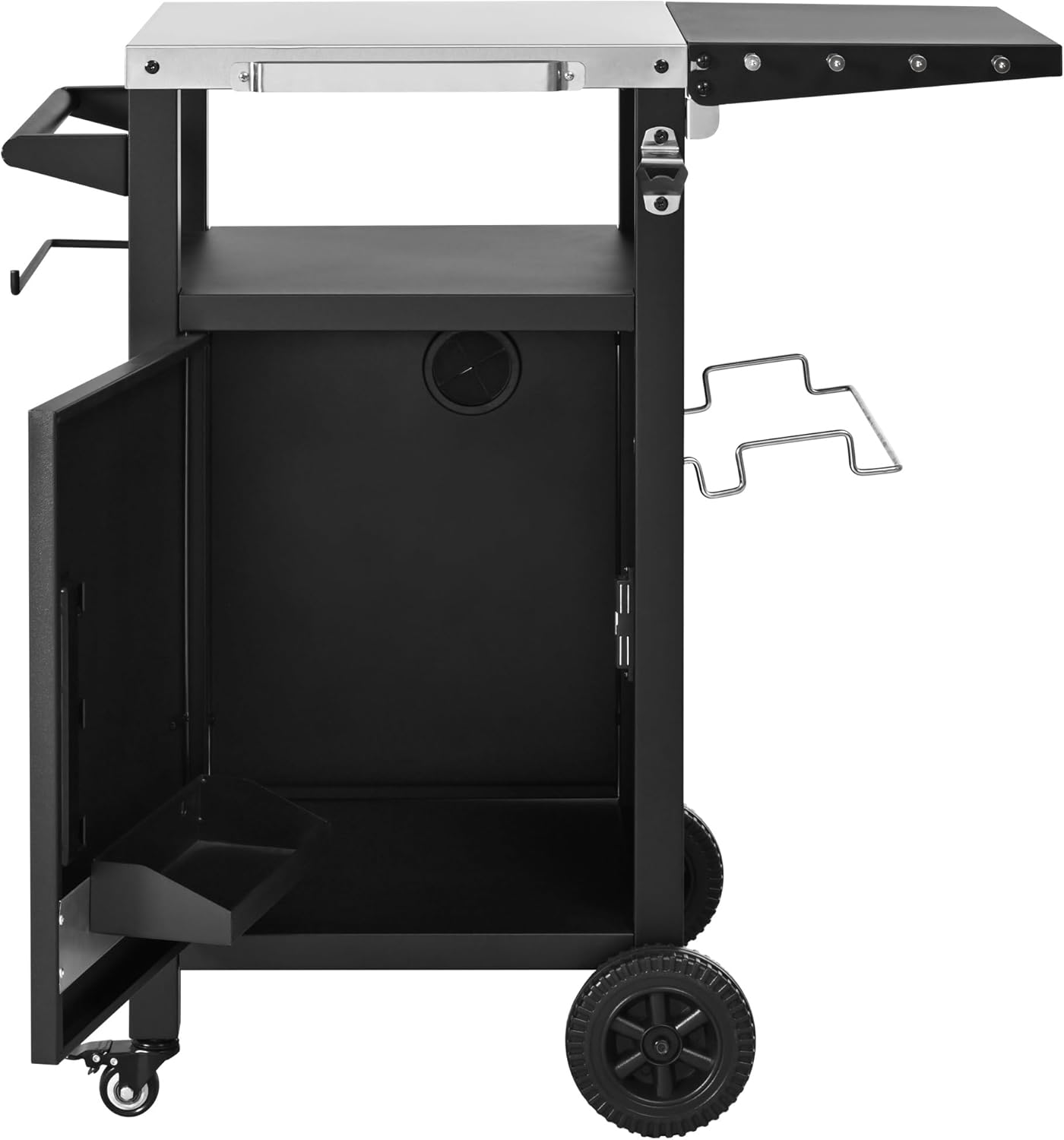 33.9" Metal Outdoor Island with Foldable Table, Kitchen Island Cart with Stainless Steel Top & Hooks & Spice Rack & Wheels, Rolling Island for BBQ, Lawn Garden, Black