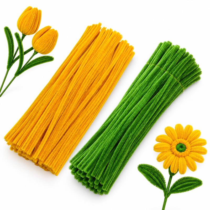 200Pc Pipe Cleaners Craft Set with Green Floral Tape & Stem Wire | Chenille Stem Fuzzy Sticks for DIY Crafts, Flower Making, Decorations & Sculpting (MariGold & Olive Green)-image-32