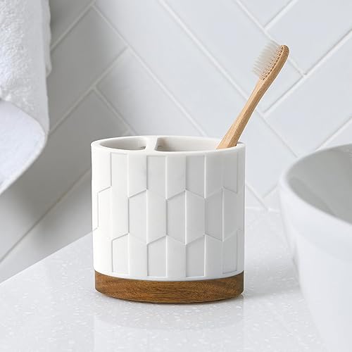 Miniatura 5 de Sarasota - Juego de accesorios de baño de resina con detalles de madera, 4 piezas, dispensador de jabónloción, jabonera, soporte para cepillos de
