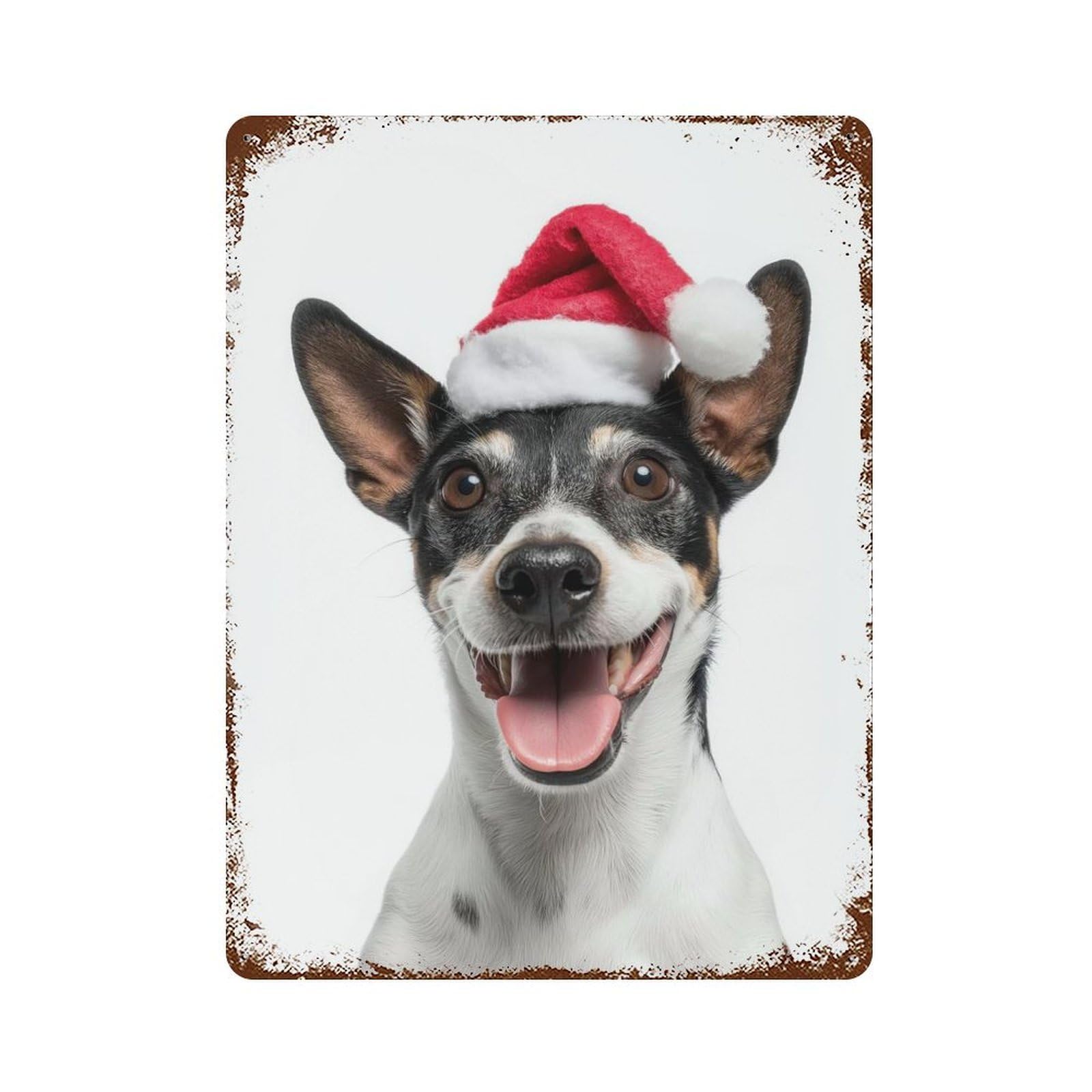 Rat Terrier Dog with Santa Hat Portrait 15.7"x11.8" Rusty Metal Tin Sign, Novelty Wall Decor for Cafe, Home Bar And Lounge Decor