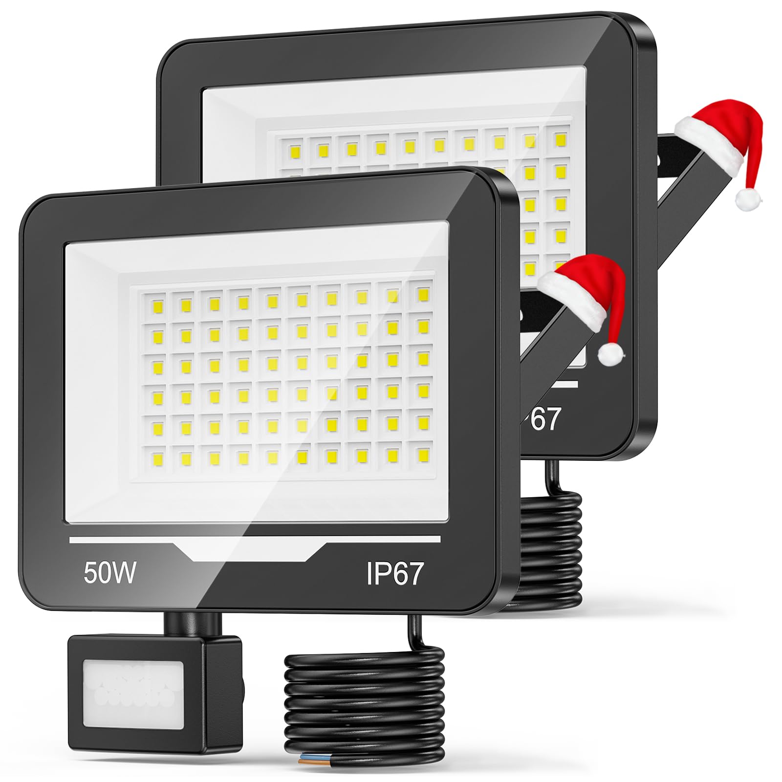 50W 5000LM Faretto LED da Esterno con Sensore di Movimento 2 Pezzi, 6500K Bianco Freddo Impermeabile IP67 Faretto Faro LED Esterno con Sensore Movimento per Cortile, Giardino