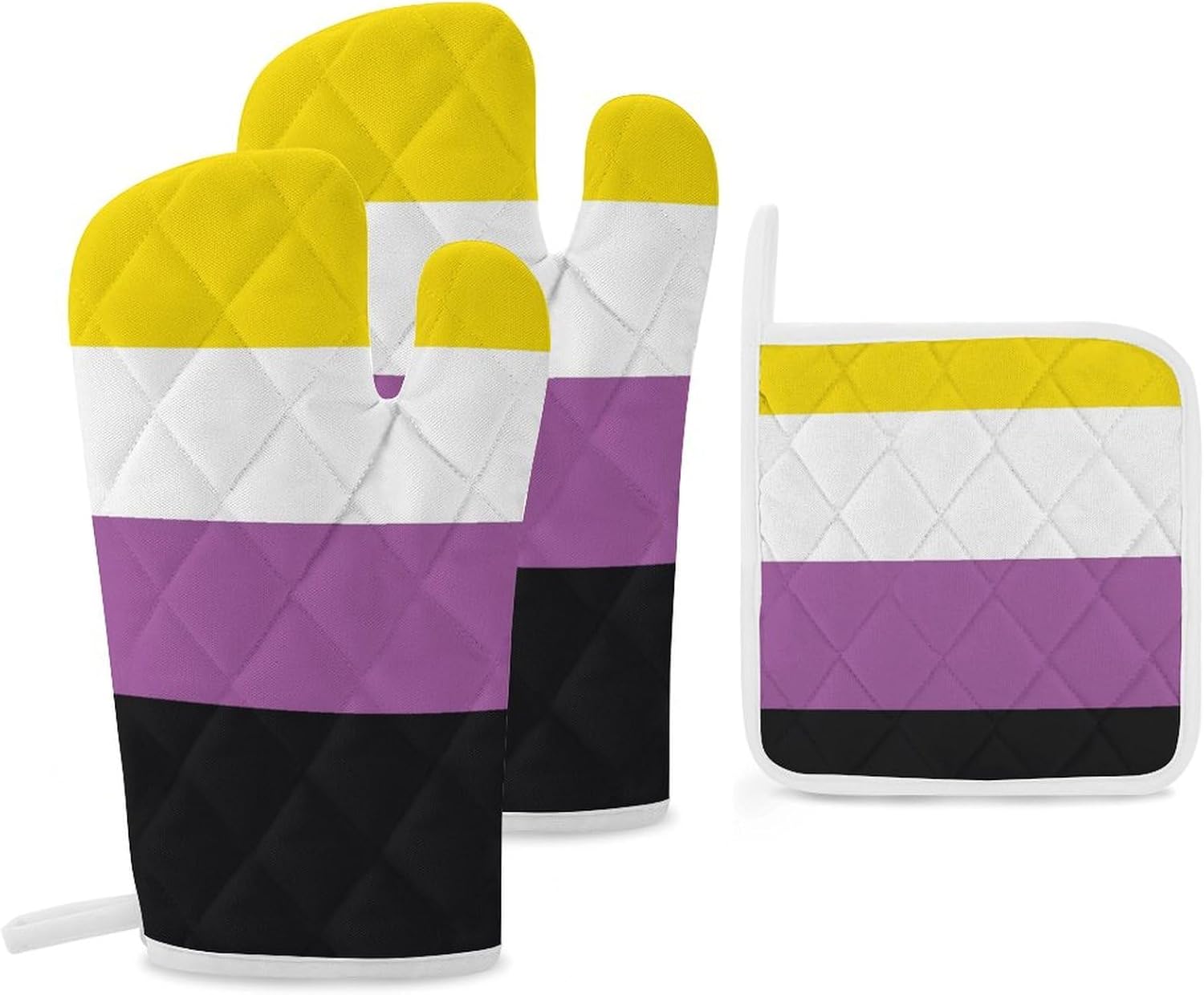 Non-Binary Community Flag Print Oven Mitts and Pot Holders 3 Piece Sets Heat Resistant Gloves Hot Pads Potholders for Kitchen Baking Cooking