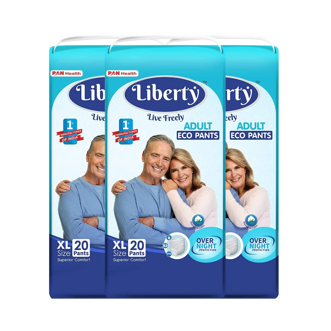Liberty Eco Adult Diaper Pants, Extra Large (XL) Size, 60 Count, Waist Size (96-165cm | 38-65nches), Unisex, High Absorbency, Leak Proof, Overnight Protection, Pack of 3, 20 count/pack