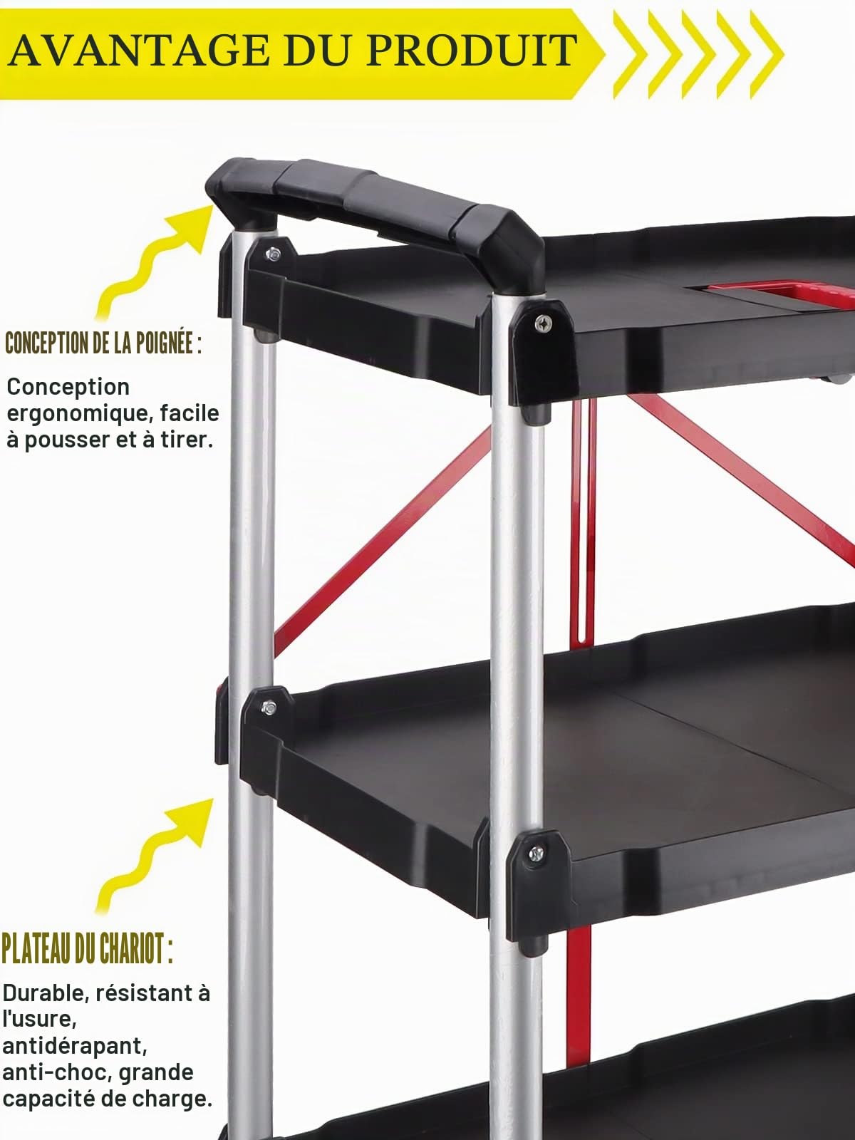 EBANKU Rolling Utility Cart, 3-Tier Service Carts with Wheels Folding Collapsible Service Cart Chariot de Service avec Roulettes pour Bureau, Entrepôt et Maison