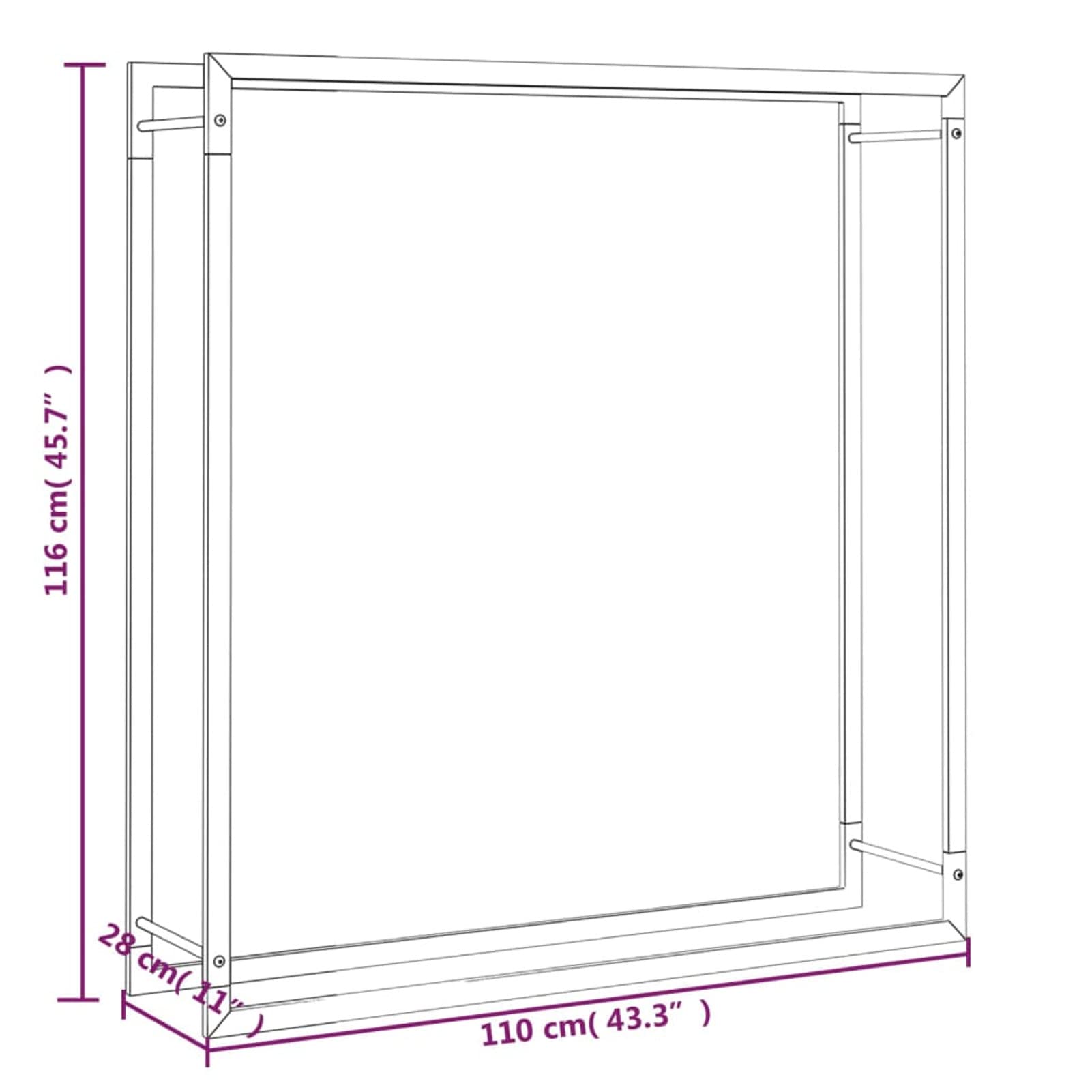 Homgoday Estante para leña de acero negro mate, 110 x 28 x 116 cm, estante para leña, estante de almacenamiento de leña, soporte de metal para ventilación para leña para exteriores o interiores