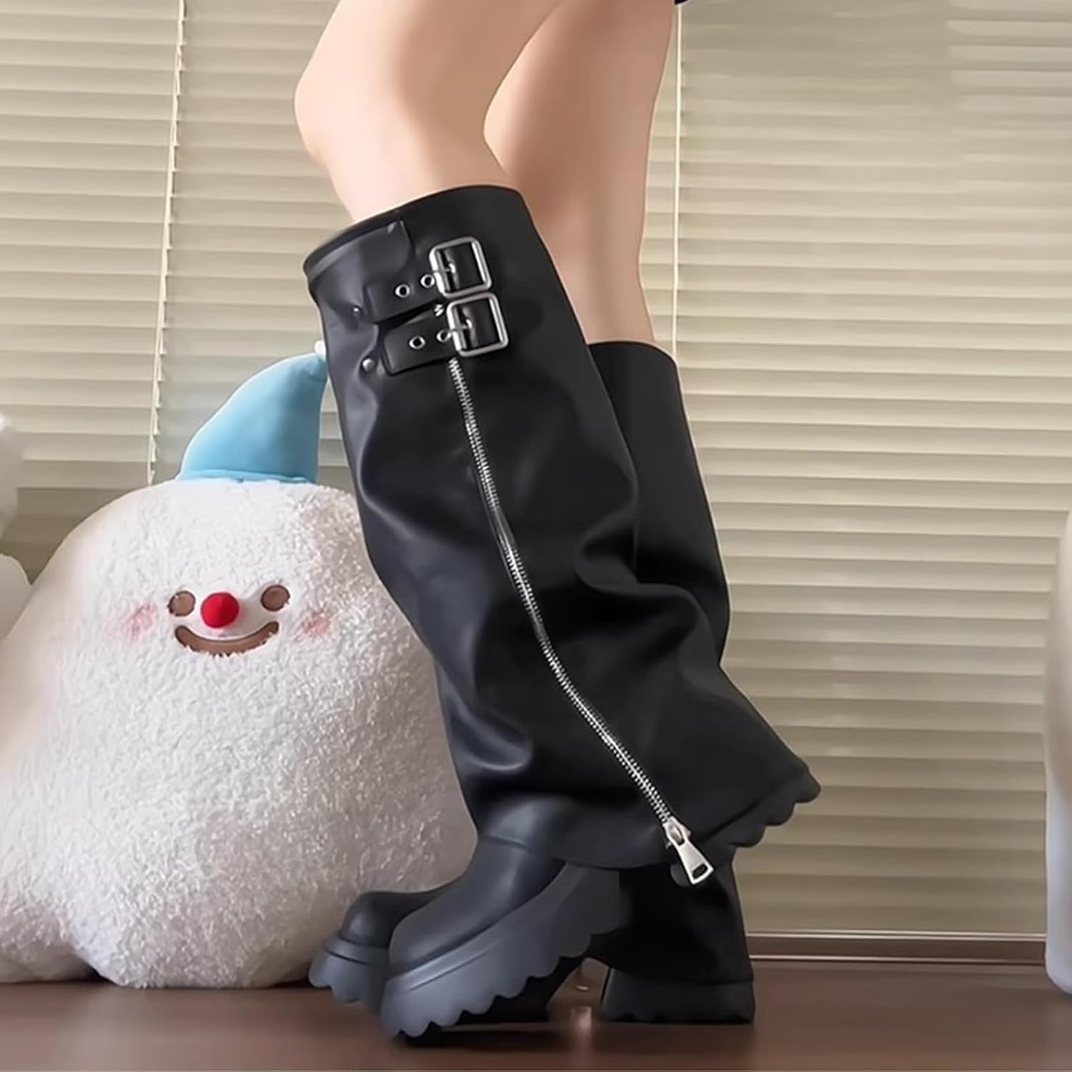 Womens Fold Over Knee High Boots Chunky Platform Comfy Wide Calf Side Zipper With Buckle Decor Riding Boots Festival Concert Punk Rave Boots