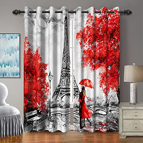 Baocicco Paris Eiffel Tower Blackout Window Curtain Red Tree Couple Oil Painting Print Drapes With Grommets France Romantic Art Scenery Curtains For Living Room Bedroom 2 Panels 42X63 Inches #TOP8