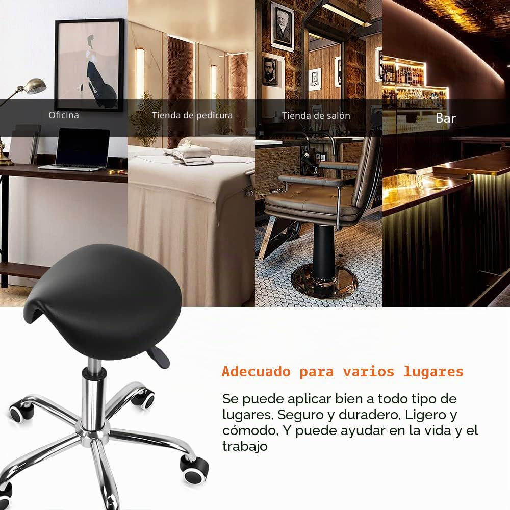 KKTONER Taburete Tipo Silla de Montar, Altura Ajustable 45-61cm, Giratorio 360° con Ruedas, Taburete de Oficina sin Respaldo para Estética, Peluquería y Hogar Negro
