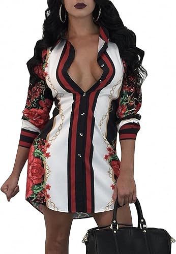 Remelon - Mini vestido para mujer de manga larga estampado floral con cuello de botones camisa larga camisa de vestir mini vestido