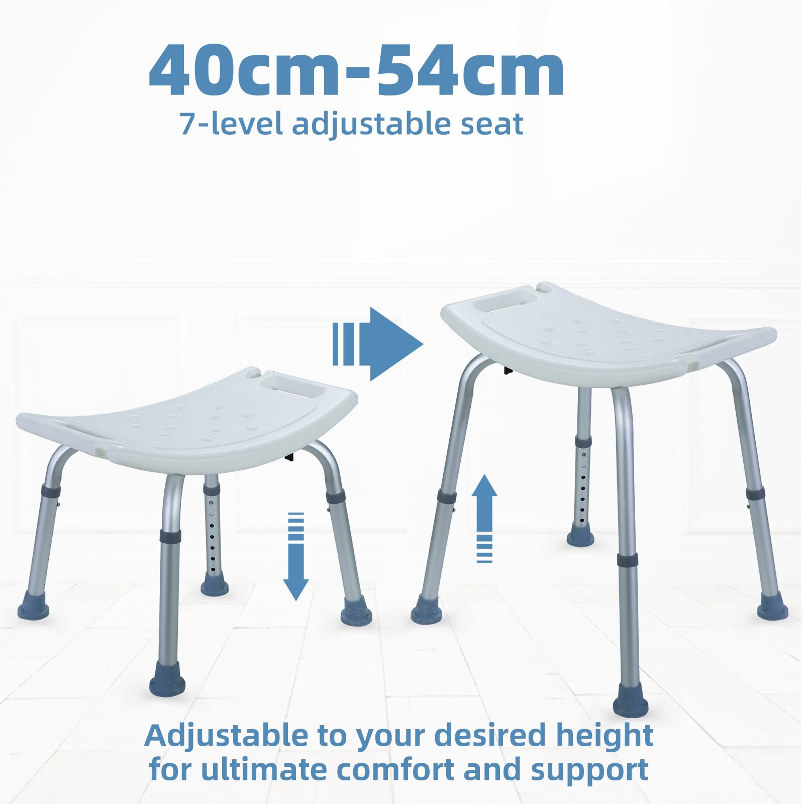 CCLIFE Taboret prysznicowy dla seniorów z antypoślizgową matą, 120 kg, regulacja wysokości, aluminiowe krzesło prysznicowe, antypoślizgowe 40-54 cm