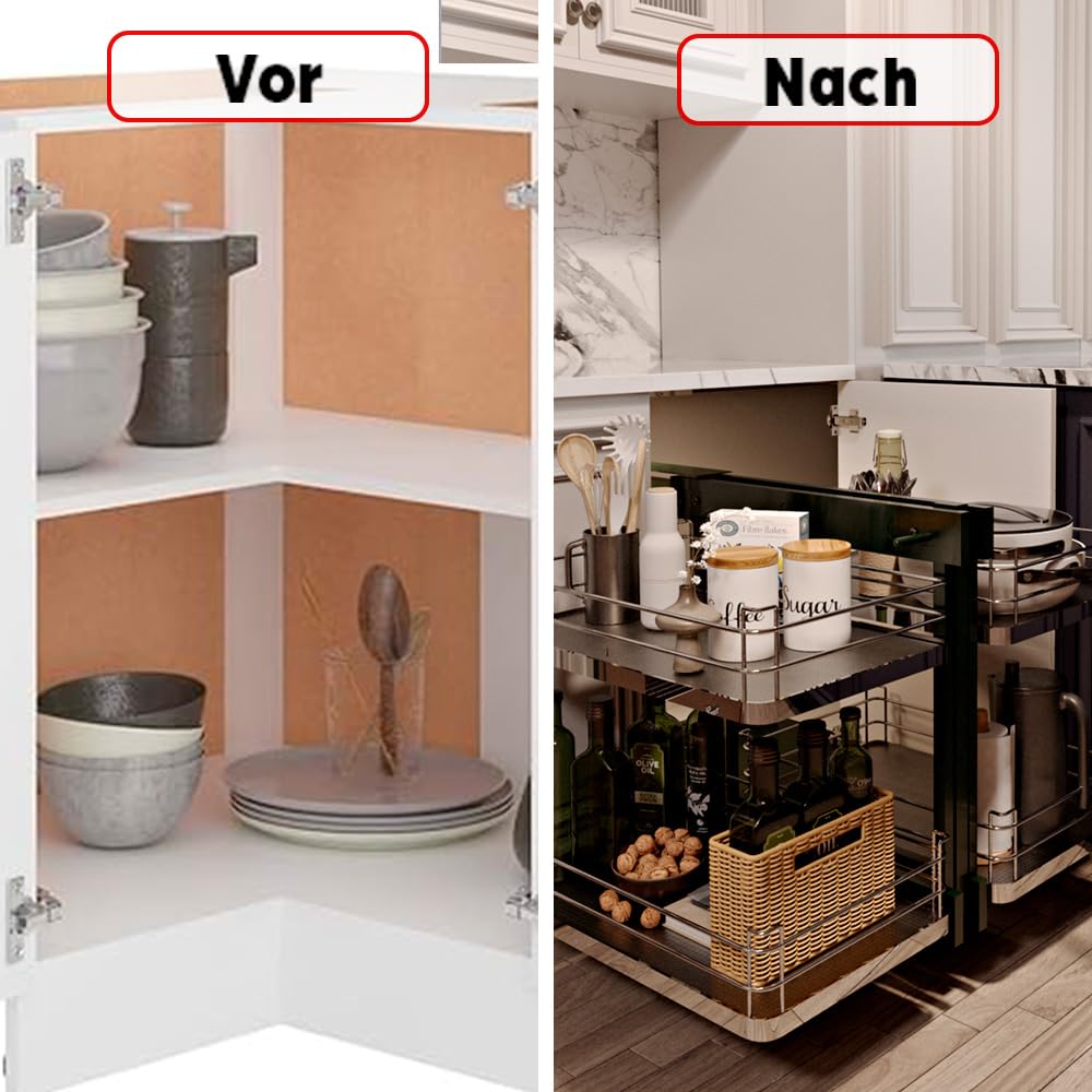 TMY Magic Corner Eckschrank Organizer Beidseitig Montierbar bis 50 kg | Ausziehbare Schublade Küche Stahl, Auszug Küchenschrank Soft-Close-Funktion, Teleskopschublade Ausziehbar für Küchen Schrank